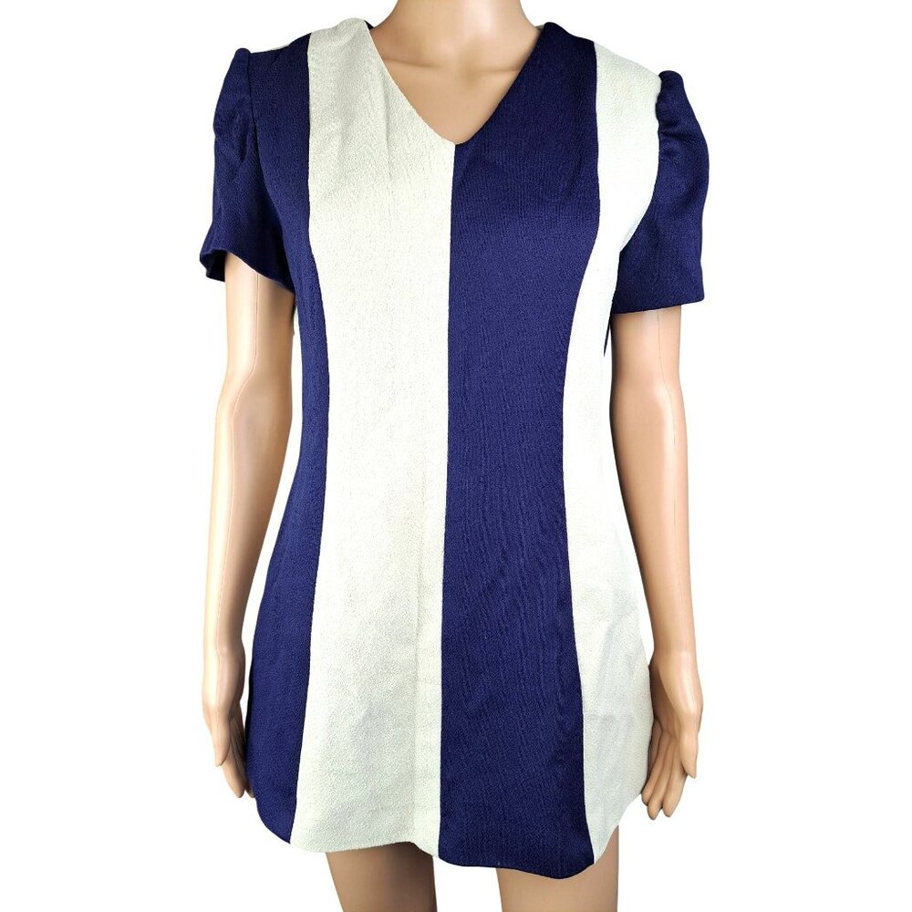 Vintage Handmade Blue Cream Colorblock Short Sleeve Mini Dress Medium Mod Space - Picture 7 of 12
